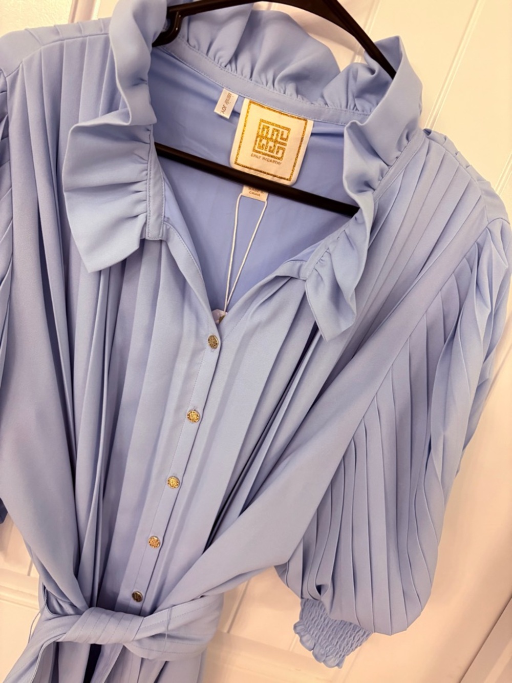 Emily McCarthy Light Blue Pleated Dress with Tie Waist